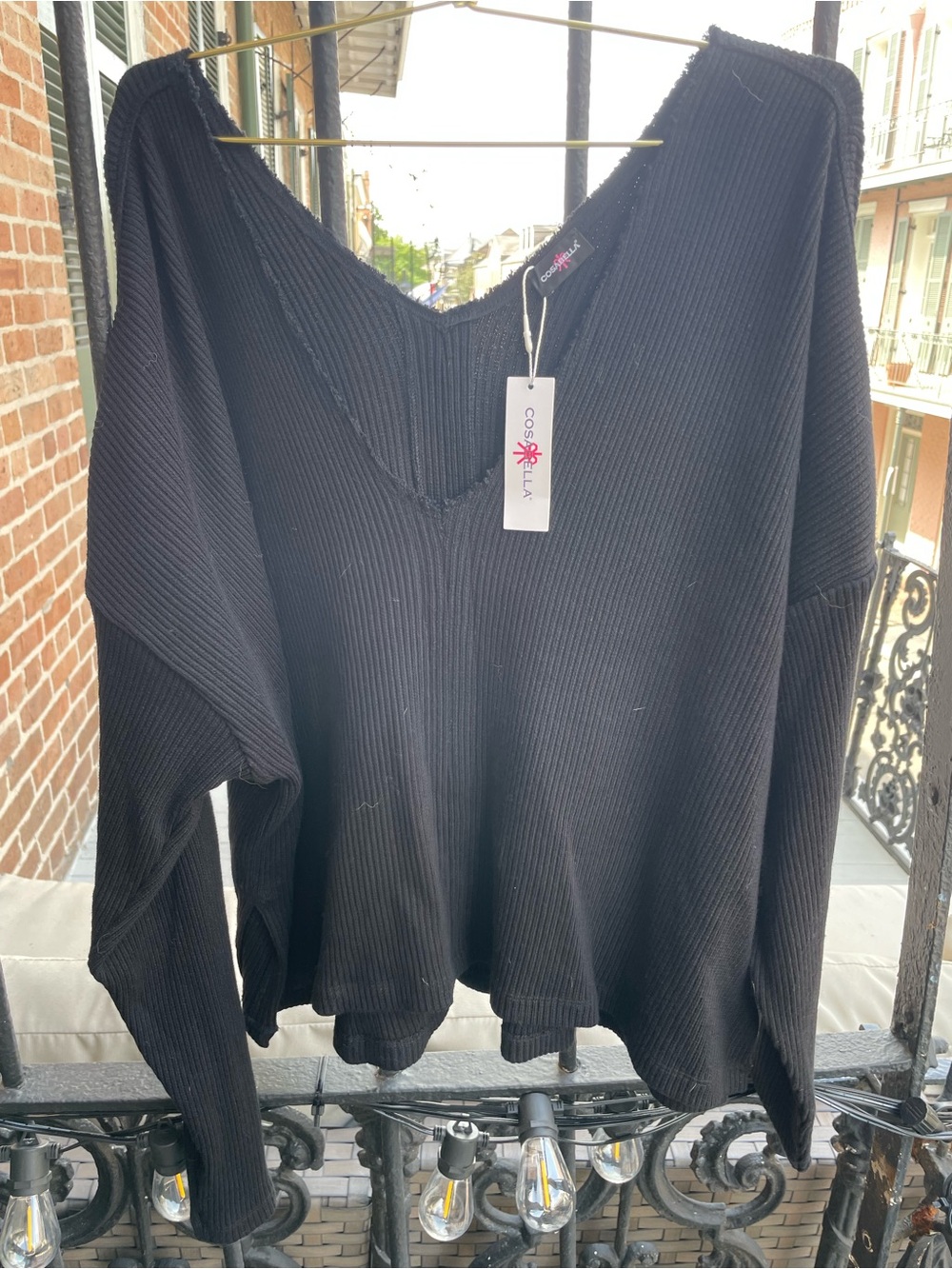 Cosabella Black Ribbed V-Neck Pullover Sweatshirt